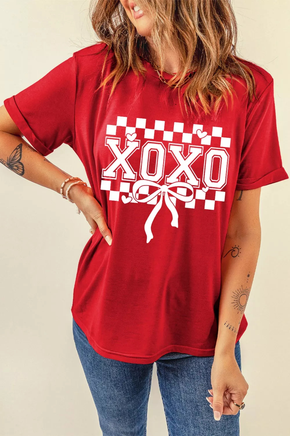 XOXO Checkered Ribbon Bow Print Valentines Day T Shirt Deep Red OutfitFlow