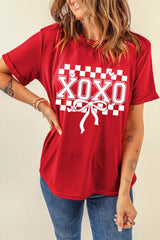 XOXO Checkered Ribbon Bow Print Valentines Day T Shirt Deep Red OutfitFlow