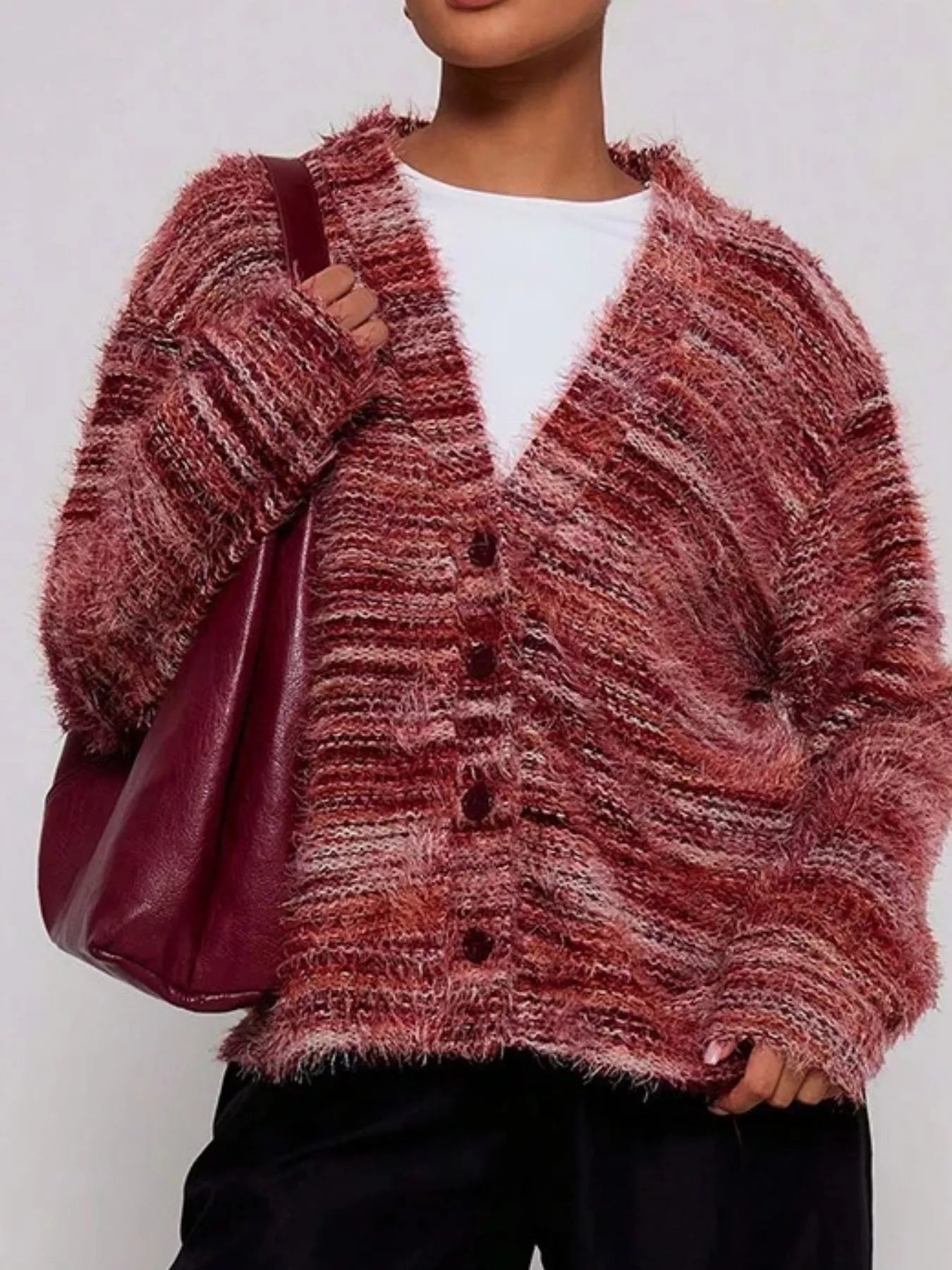 Chunky Knit V-Neck Button-Up Cardigan OutfitFlow