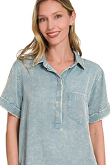 Zenana Tencel Mineral Washed Collared Shirts Dress OutfitFlow