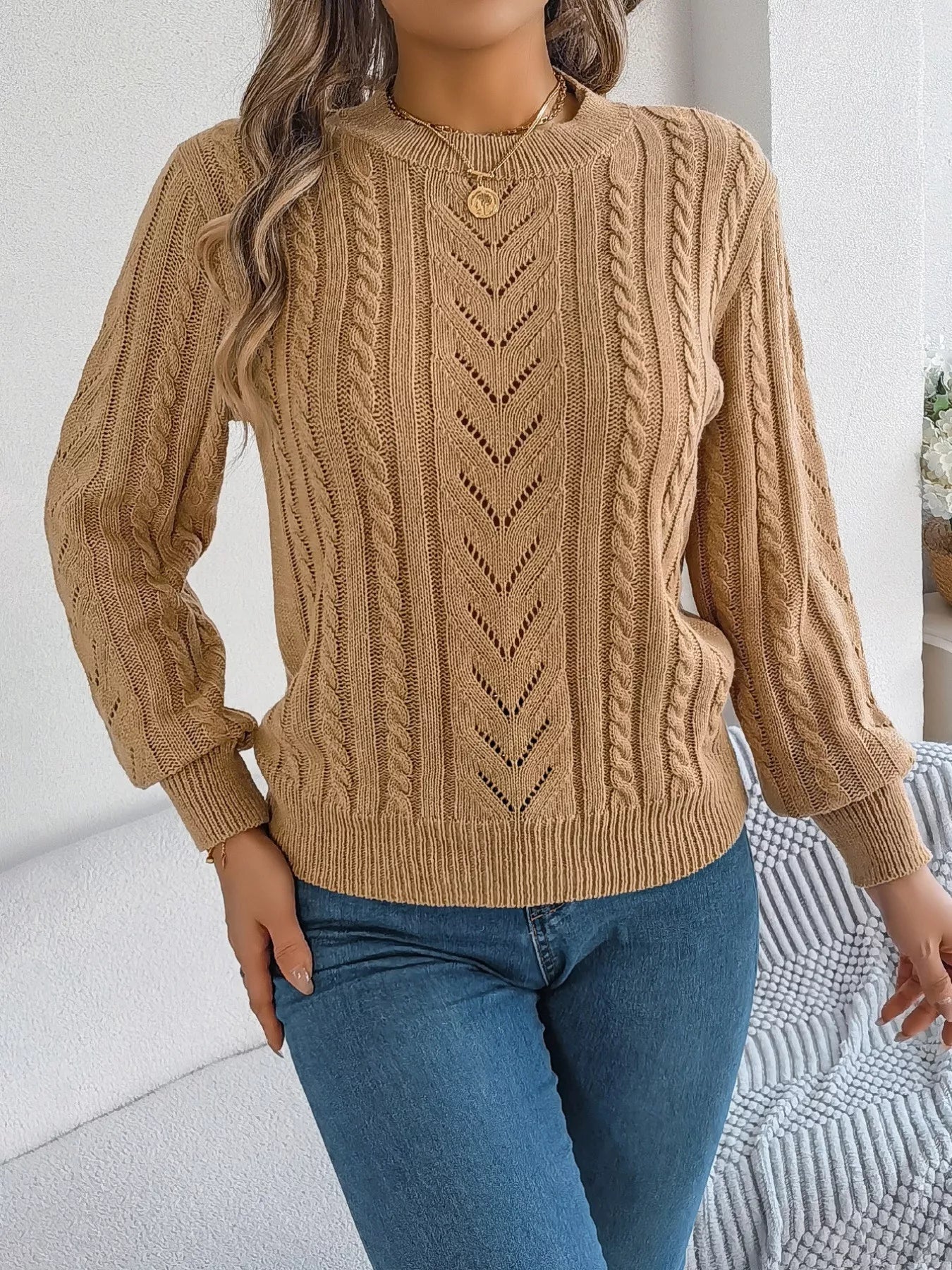 Cable-Knit Round Neck Sweater OutfitFlow