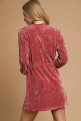 Umgee Velour Drawstring Mini Dress with Long Sleeves OutfitFlow