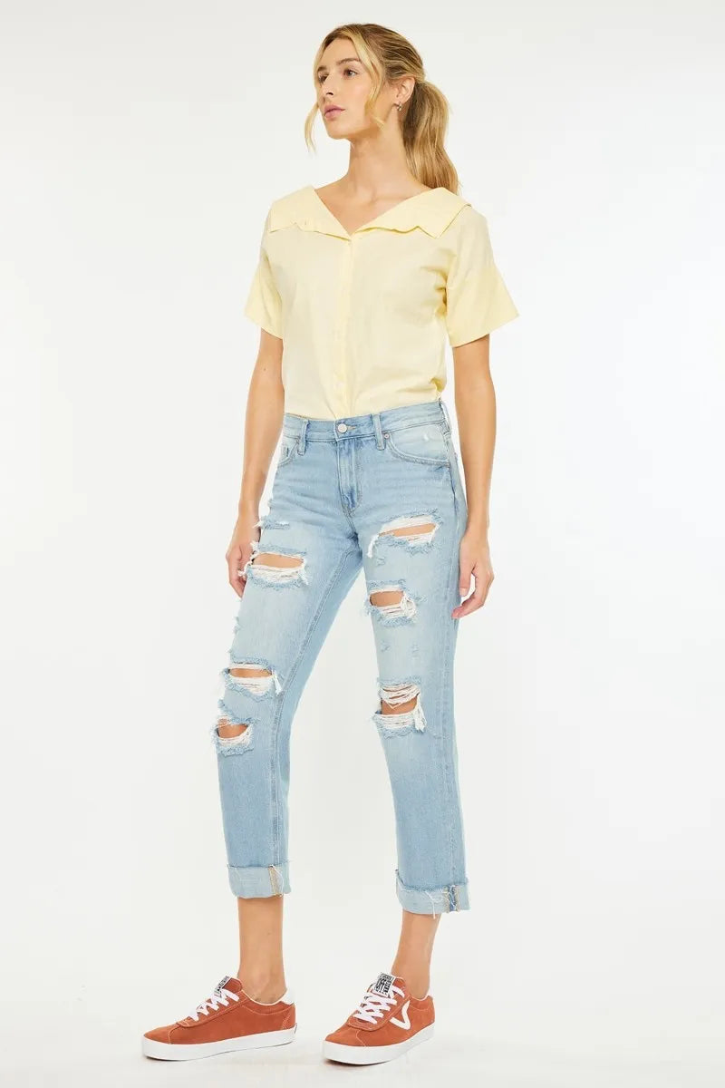 Kancan Mid Rise Distressed Boyfriend Jeans OutfitFlow