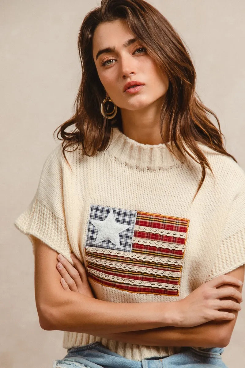 BiBi American Flag Patchwork Drop Shoulder Sweater OutfitFlow