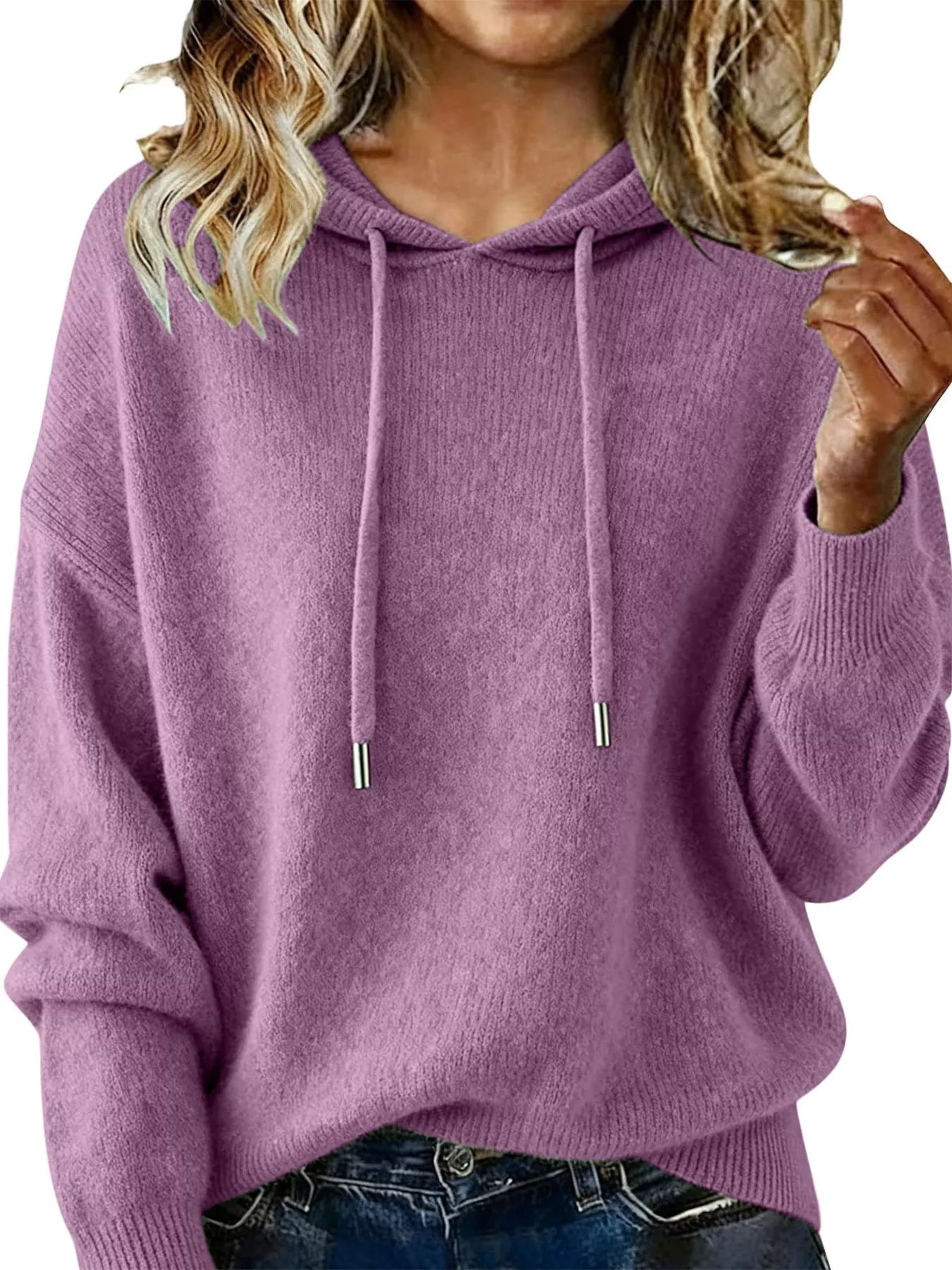 Drawstring Long Sleeve Hooded Sweater Purple Trendsi