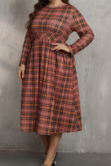 Outfit Flow - Plus Size Plaid Round Neck Long Sleeve Midi Dress