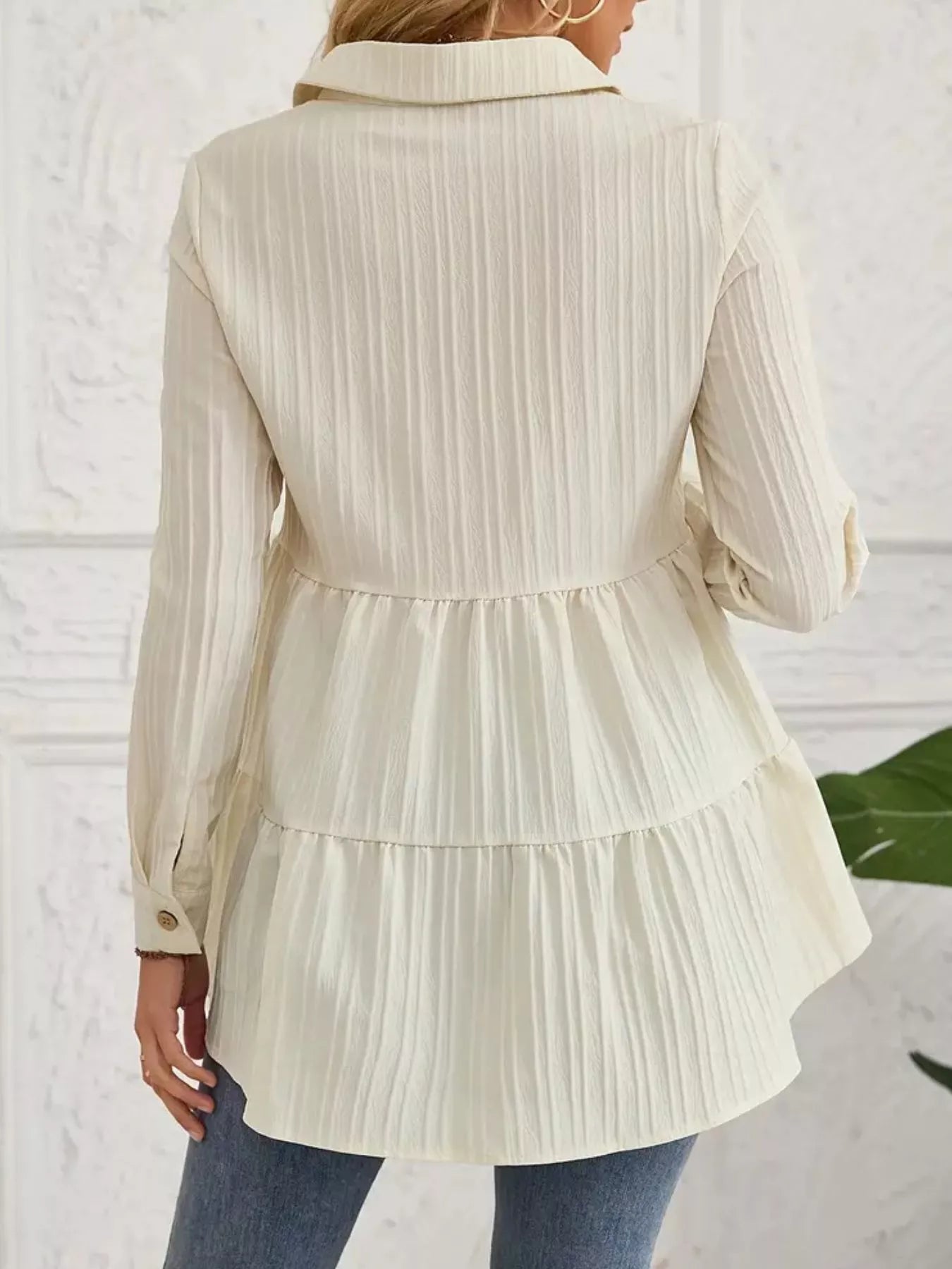 Button-Down Long Sleeve Tiered Shirt OutfitFlow