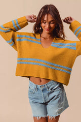 SO ME Fuzzy Hairy Stripe Deep U Neck Swetaer Trendsi