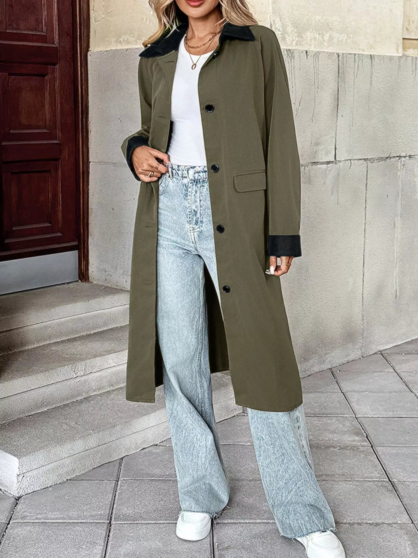Contrast Collar Button Up Coat Trendsi