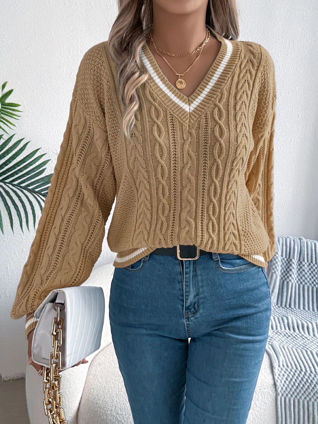 Cable Knit V-Neck Long Sleeve Sweater OutfitFlow