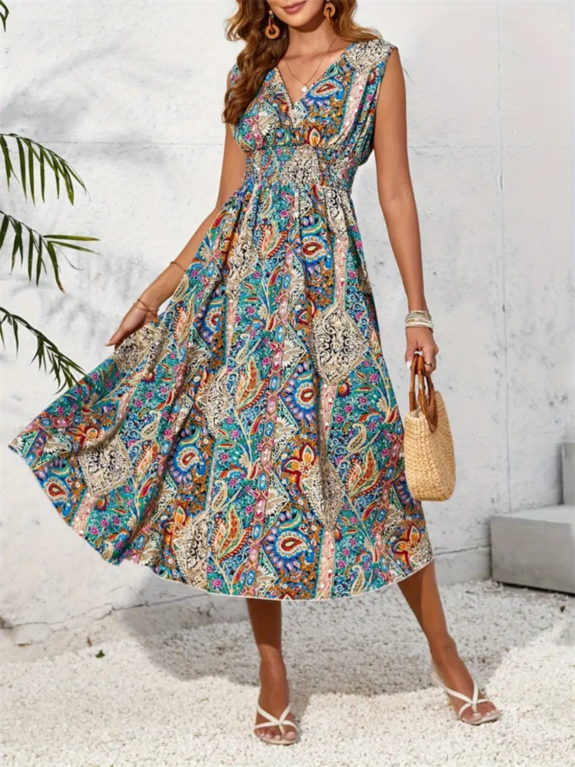 Smocked Printed Surplice Sleeveless Midi Dress OutfitFlow