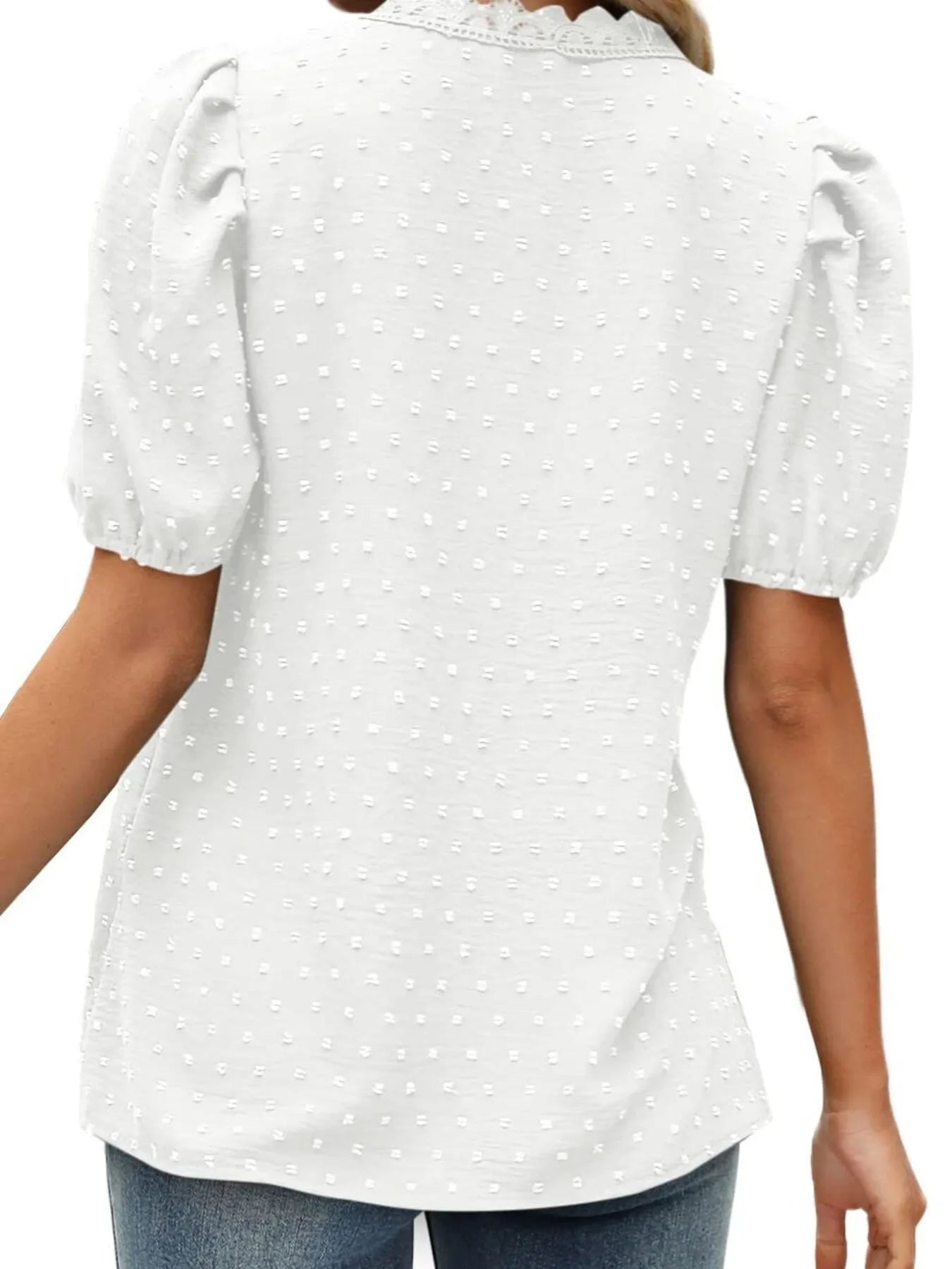 Puff Sleeve Swiss Dot Lace Trim Blouse OutfitFlow