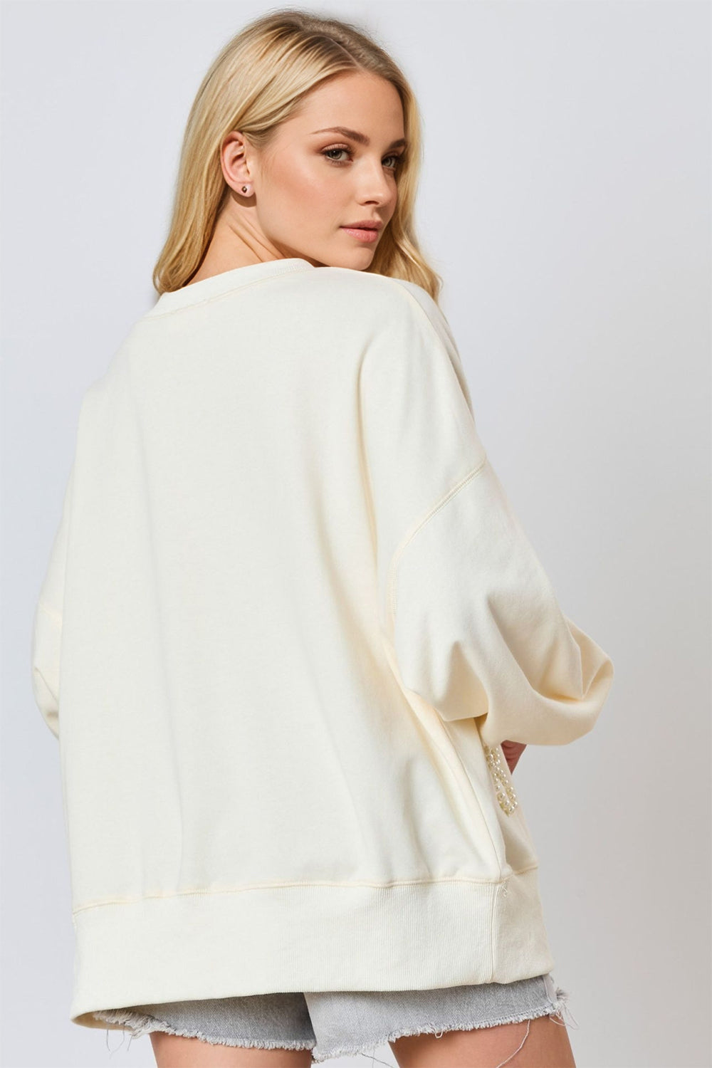 Outfit Flow - Pearl Bow Round Neck Dropped Shoulder Sweatshirt