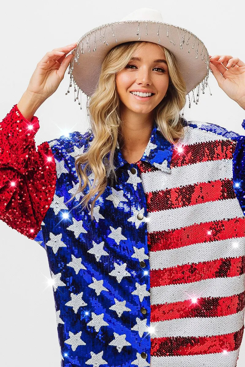 BiBi Velvet Sequin American Flag Shirt OutfitFlow