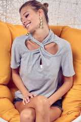 BiBi Soft Rib Knit with Twist Neck Detailed Top GREY OutfitFlow