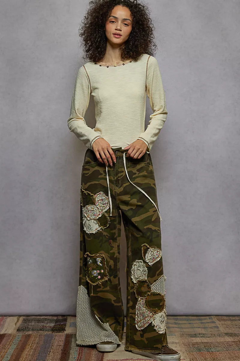 POL Round Neck Long Sleeve Contrast Stitching T-Shirt with Stud Detail OutfitFlow