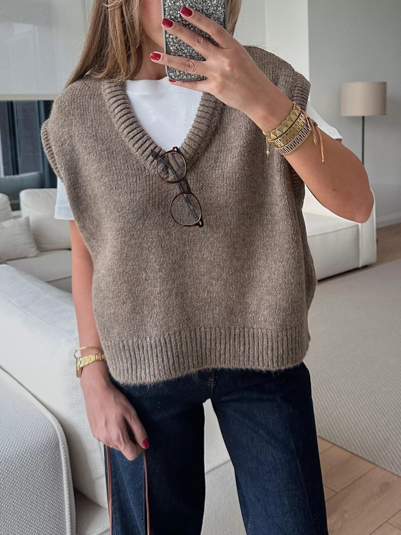 Ribbed Hem V-Neck Sweater Vest Coffee Brown OutfitFlow