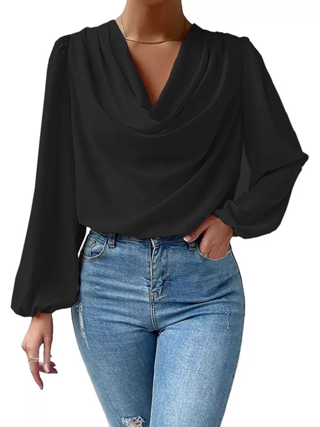 Full Size Cowl Neck Balloon Sleeve Blouse Plus Size Black OutfitFlow