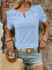 Eyelet Round Neck Short Sleeve Top Light Blue OutfitFlow