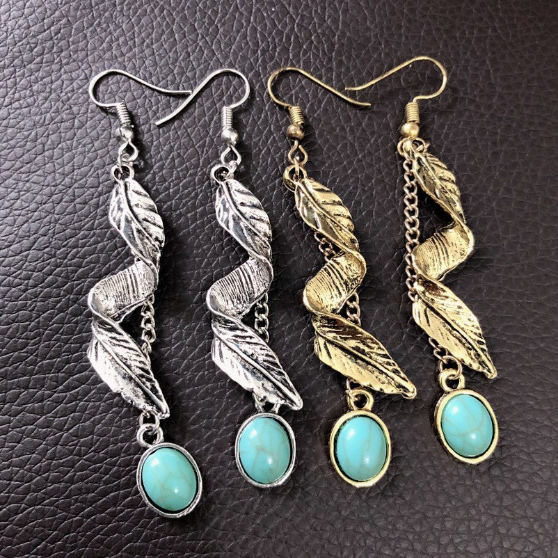 Alloy Leaf Artificial Turquoise Earrings OutfitFlow