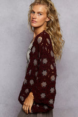POL Openwork V-Neck Chenille Cardigan with Contrast Floral OutfitFlow