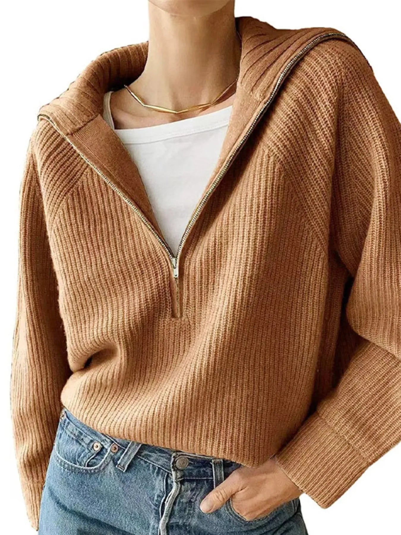 Half-Zip Long Sleeve Sweater Caramel OutfitFlow