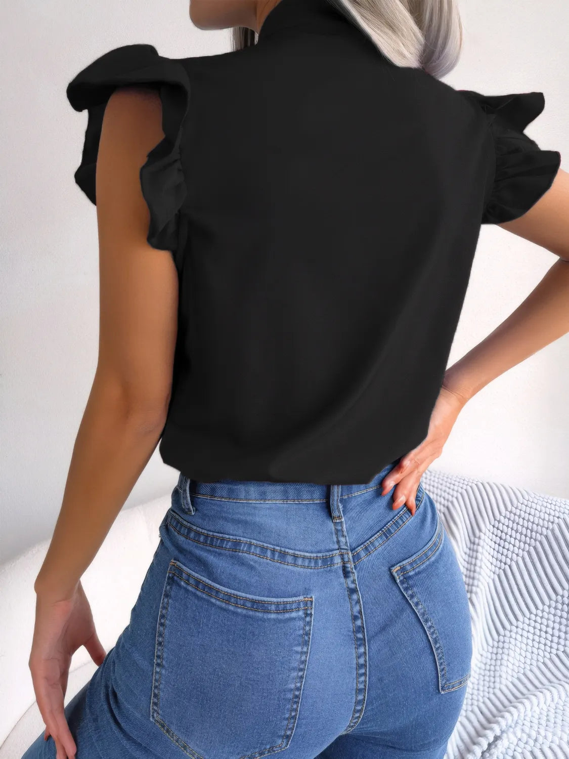 Ruffled Tie Neck Cap Sleeve Blouse OutfitFlow