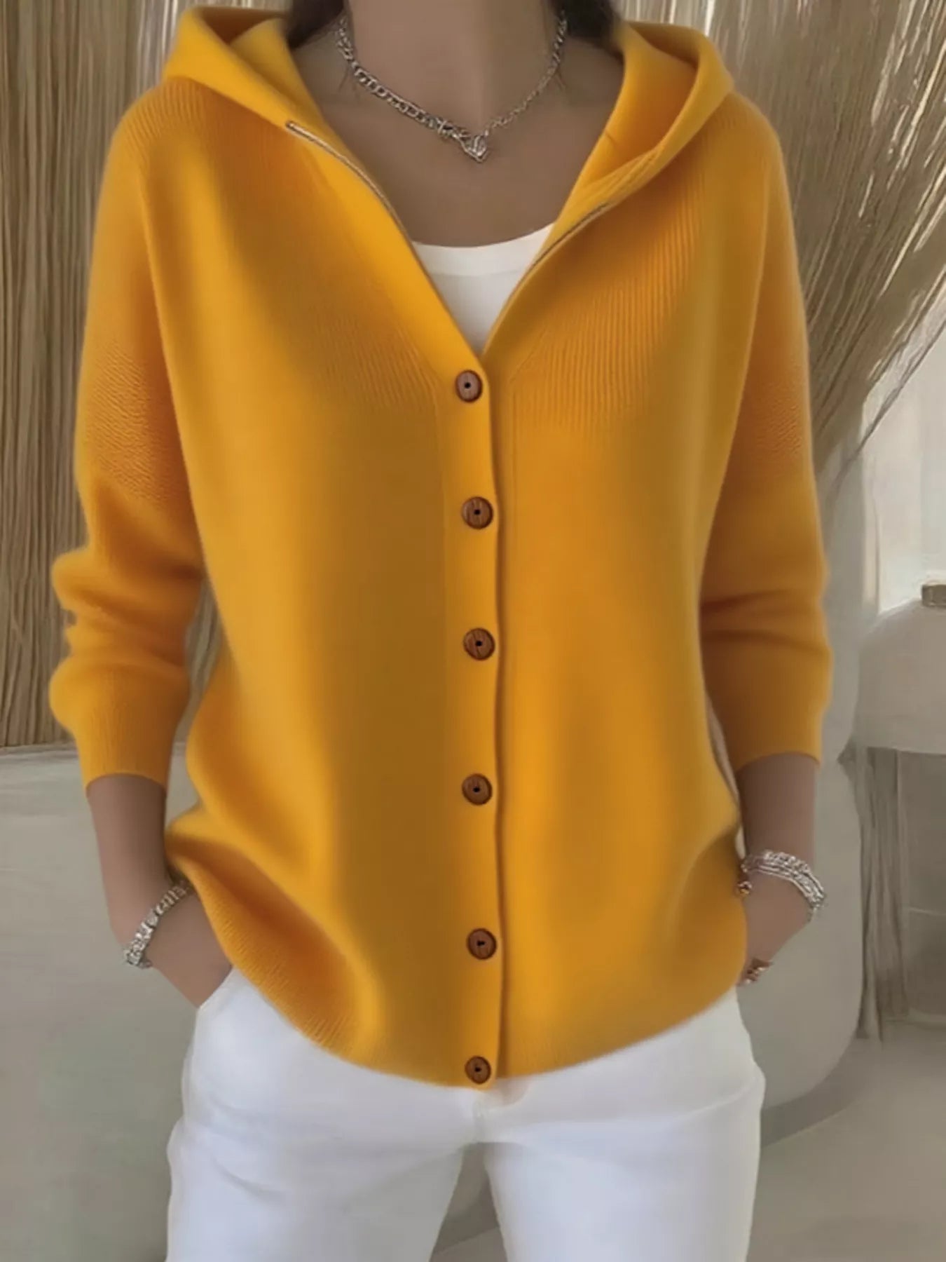 Full Size Hooded Button-Front Soft Knit Cardigan Plus Size Yellow OutfitFlow