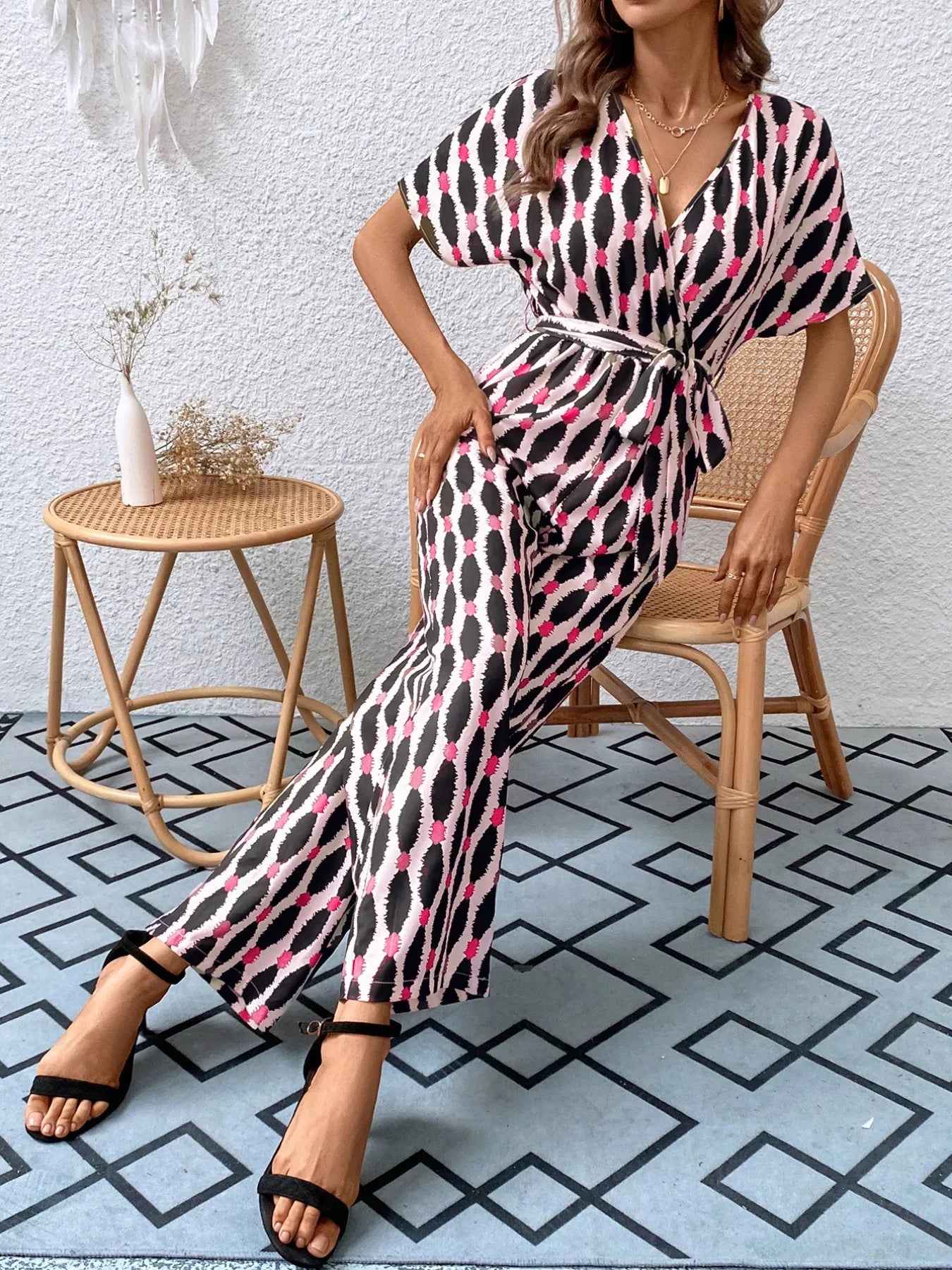 Printed Surplice Tie Waist Short Sleeve Jumpsuit OutfitFlow