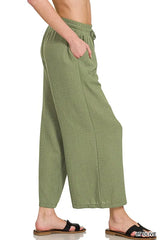 Zenana Woven Crepe Elastic Band Waist Cropped Pants OutfitFlow