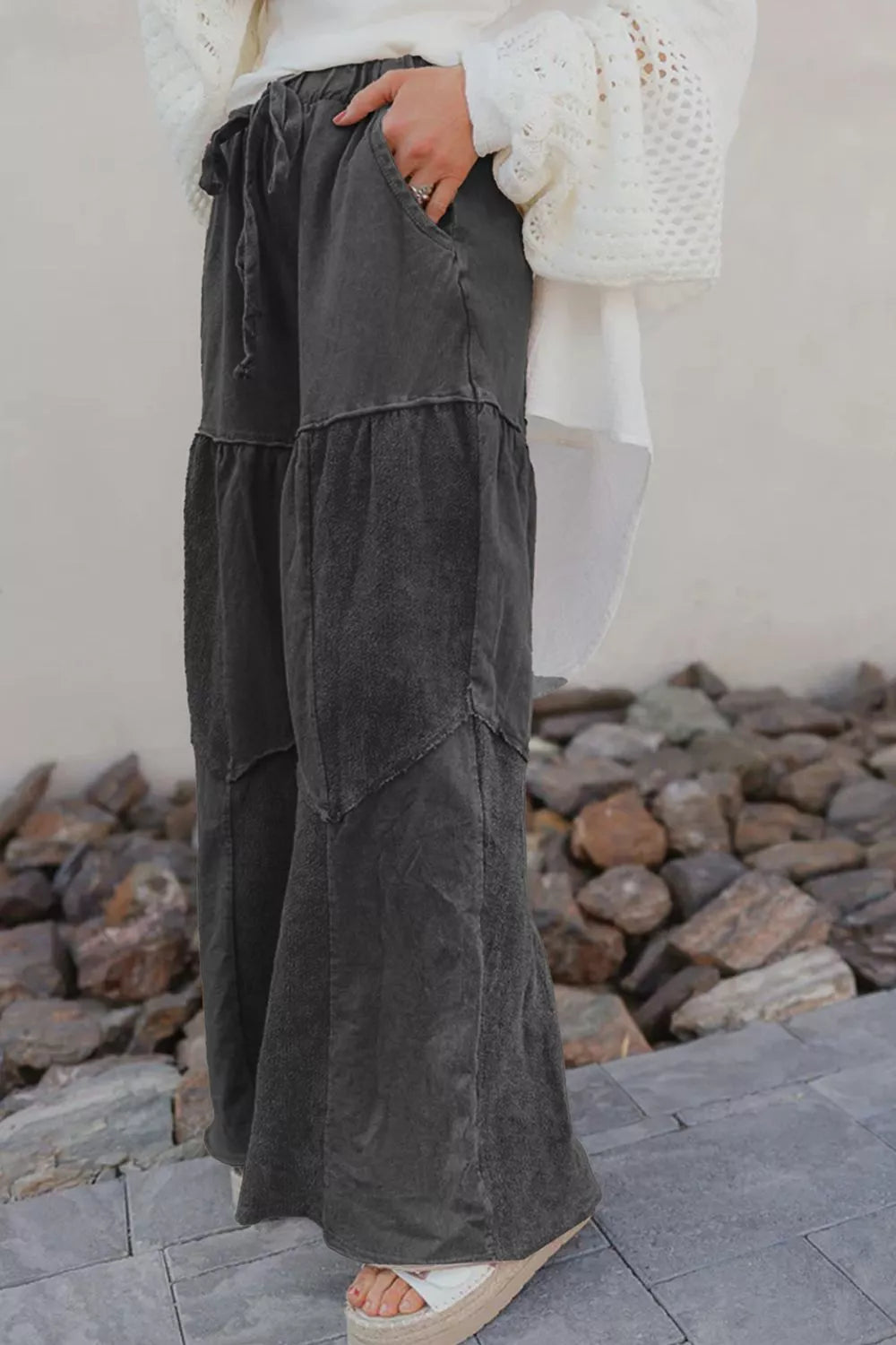 Mineral Wash Tiered Wide Leg Patchwork Drawstring Pants OutfitFlow