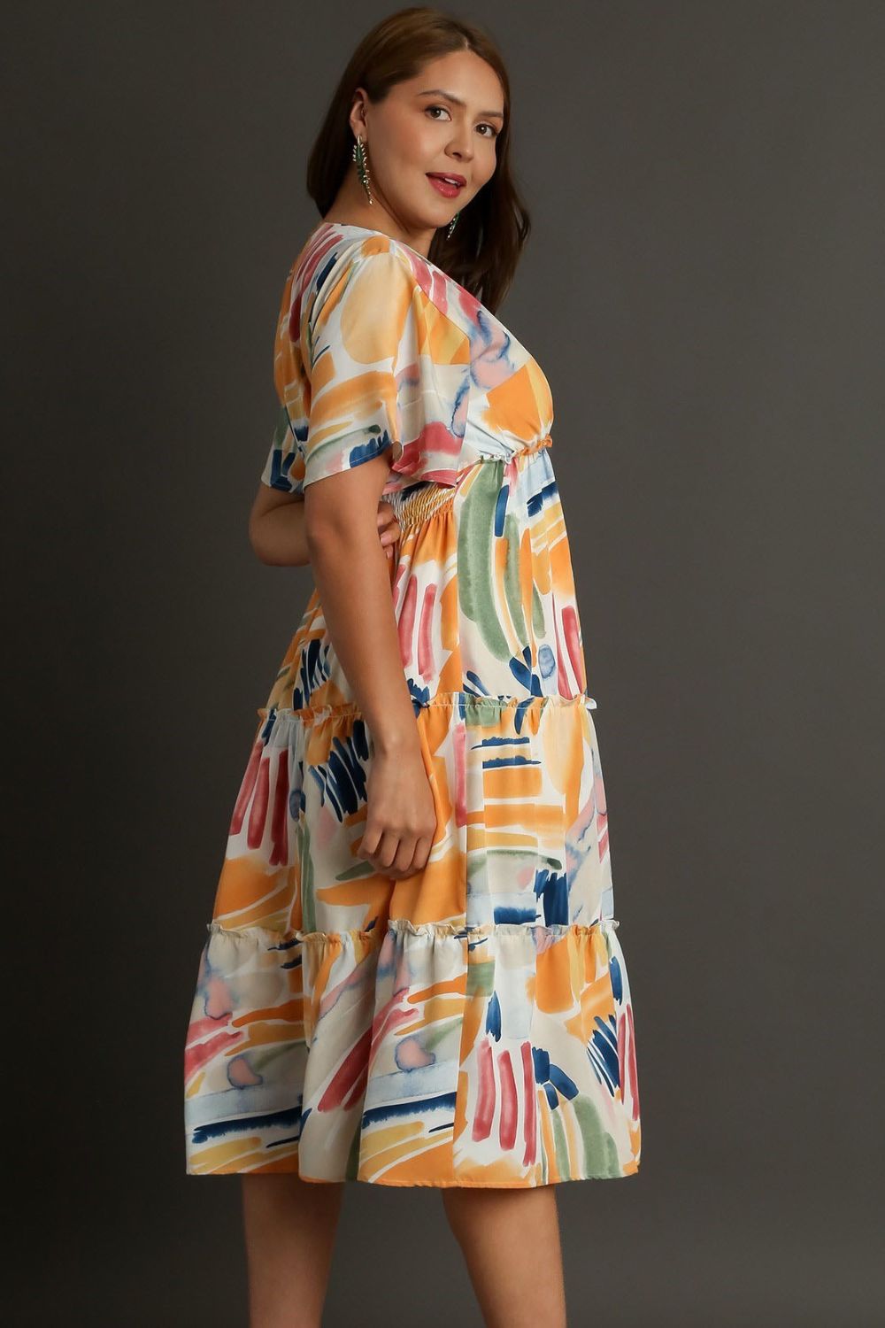 Umgee Full Size Abstract Print Flutter Sleeve Frill Tiered Midi Dress Plus Size OutfitFlow