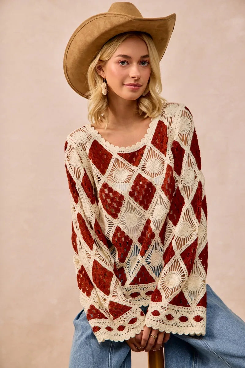 BiBi Diamond Crochet Knit Top OutfitFlow