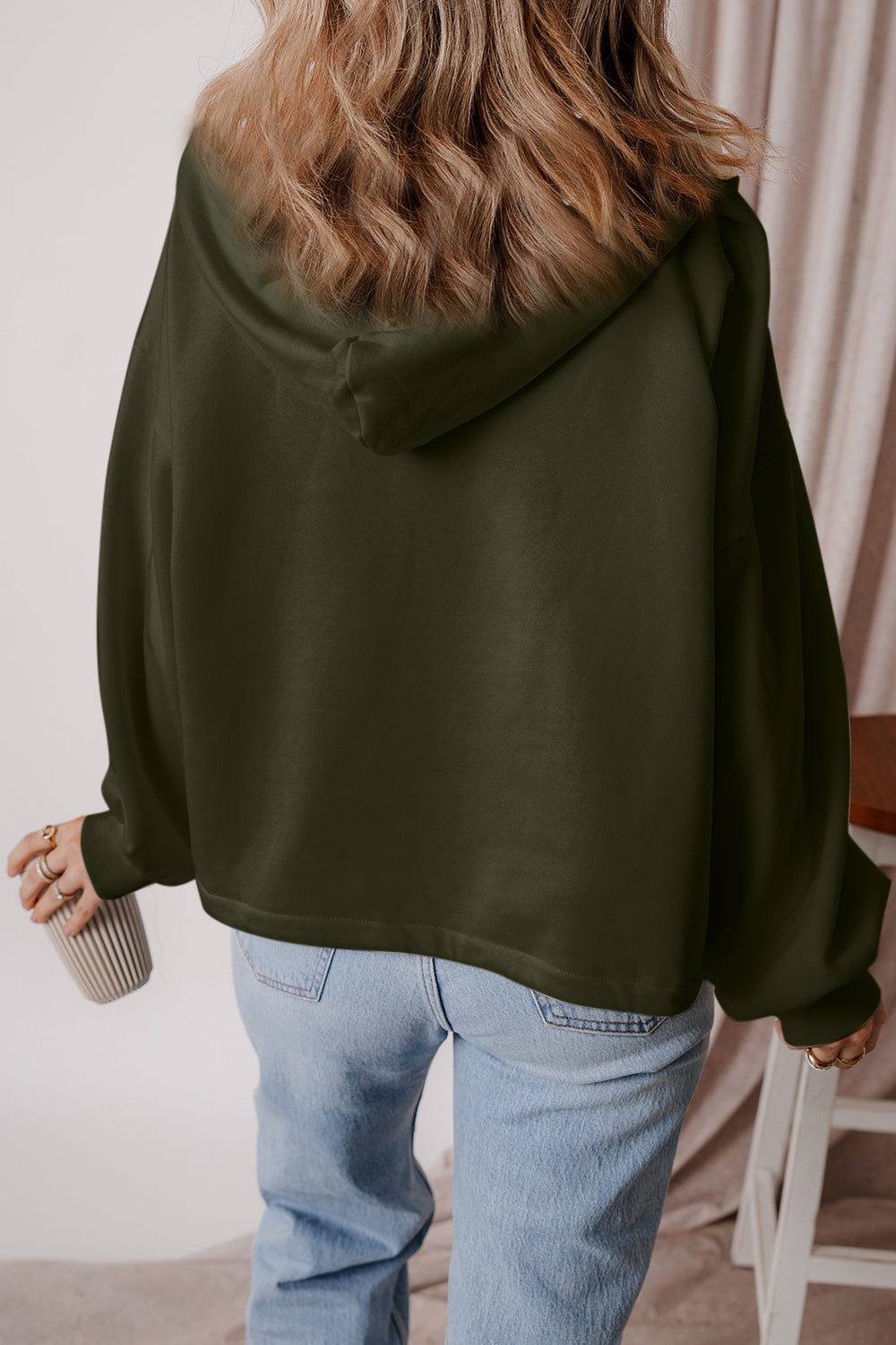 Pocketed Half Zip Dropped Shoulder Hoodie OutfitFlow