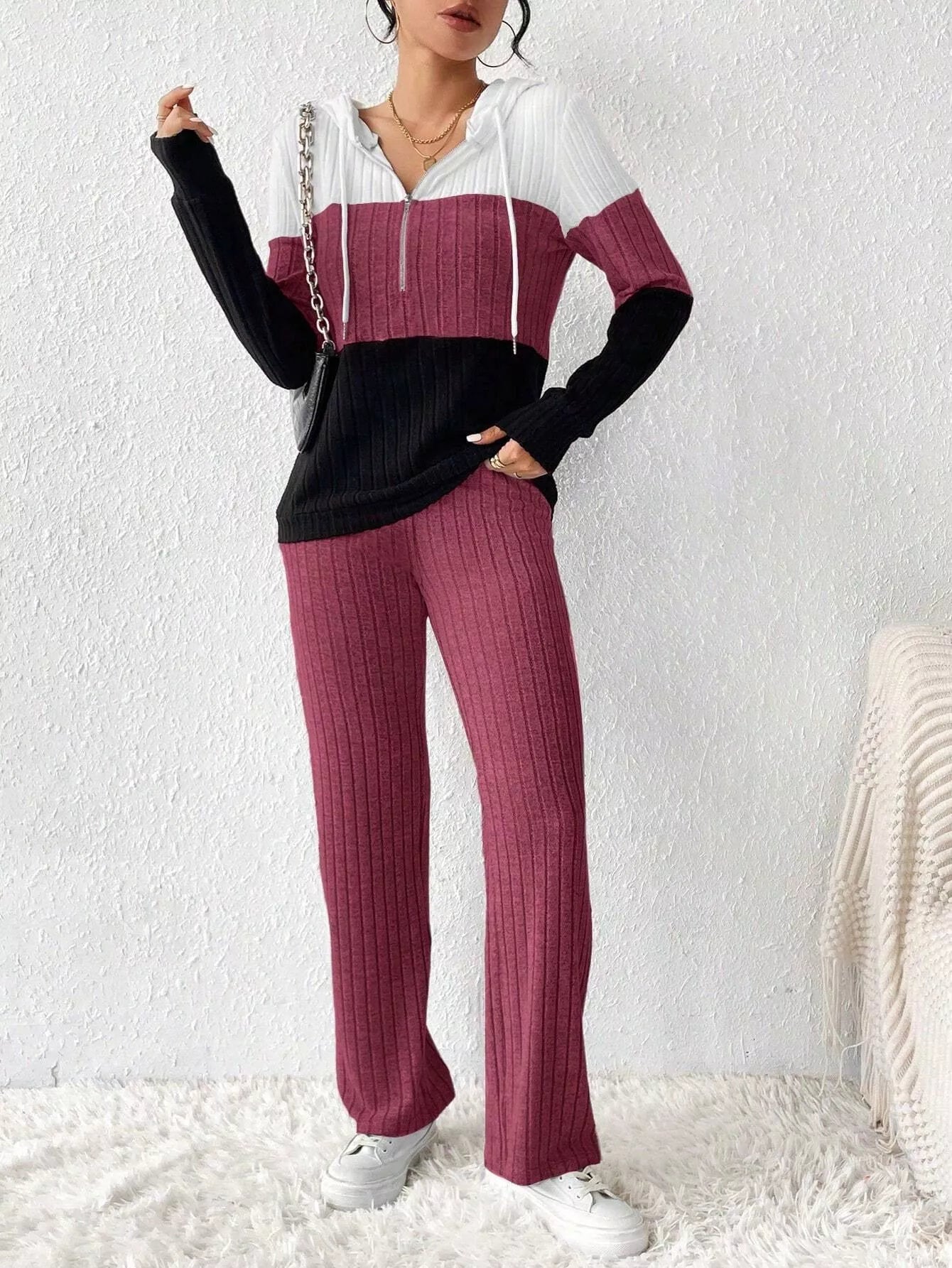 Color Block Half Zip Hooded Top and Pants Set OutfitFlow