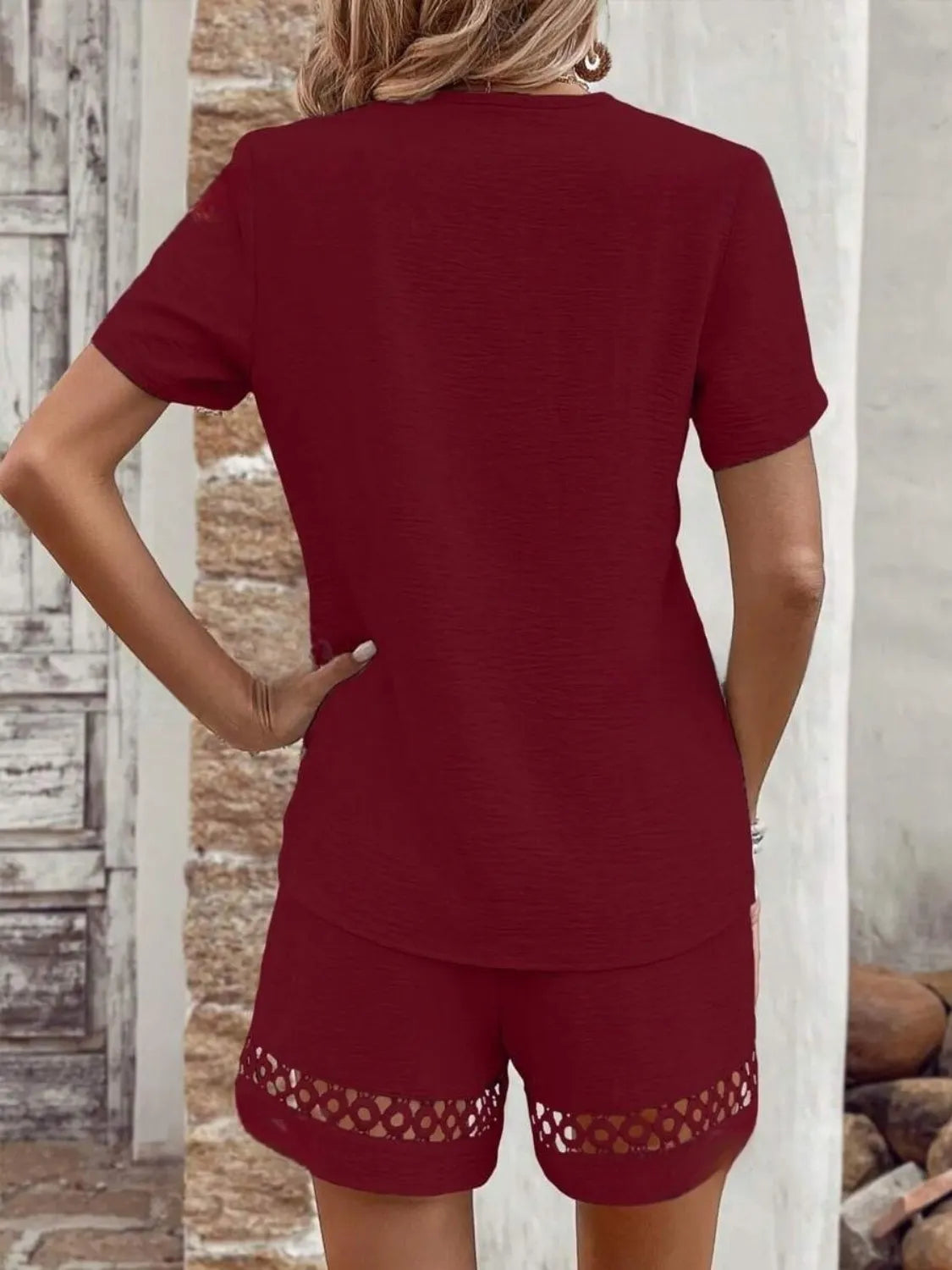 V Neck Short Sleeve Top and Shorts Set OutfitFlow