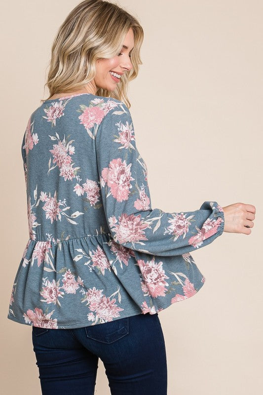 Outfit Flow - Super Lady Full Size Babydoll Floral Long Sleeve Blouse