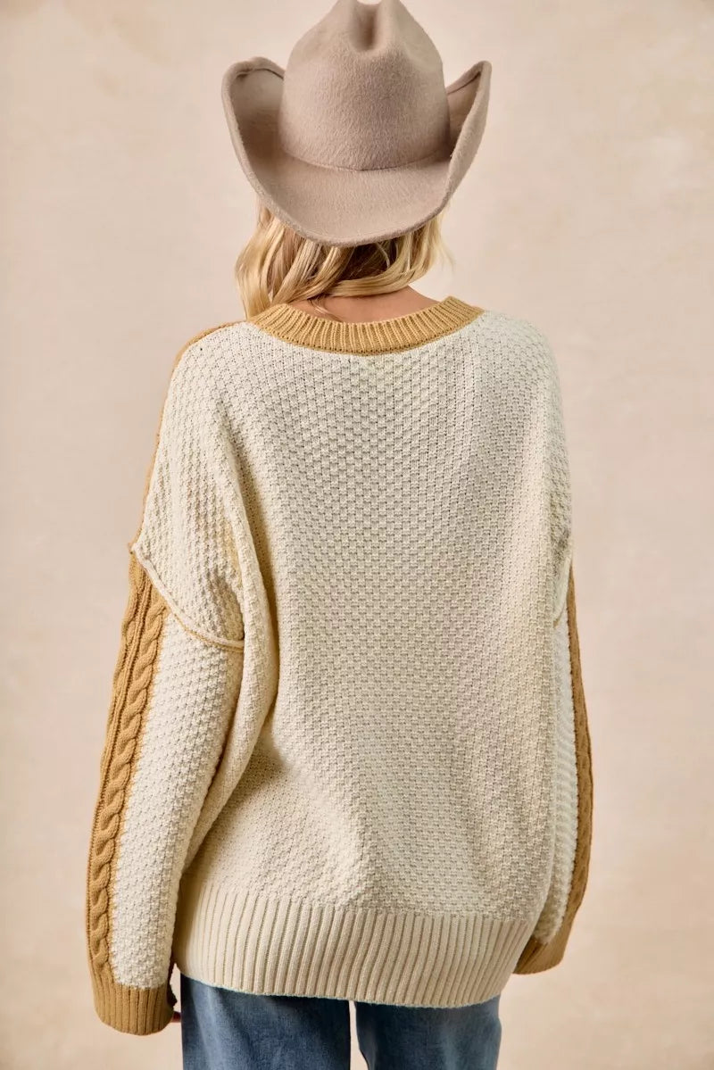 BiBi Cable Knit With Hacci Combo Sweater With Uneven Hem Detail Trendsi
