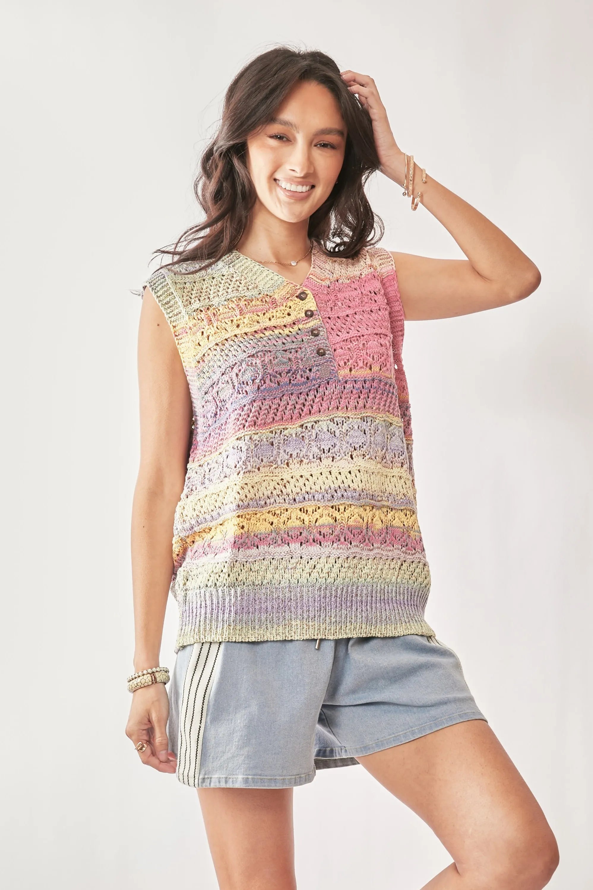 Davi & Dani Multi Color Crochet Sleeveless Knit Vest Top OutfitFlow