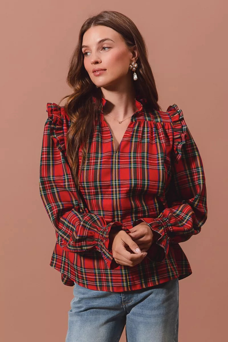 SO ME Christmas Checkered Plaid Smocked Blouse OutfitFlow