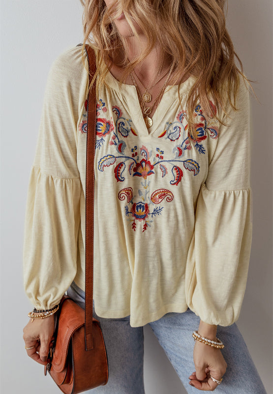 Outfit Flow - Embroidered Notched Long Sleeve Blouse