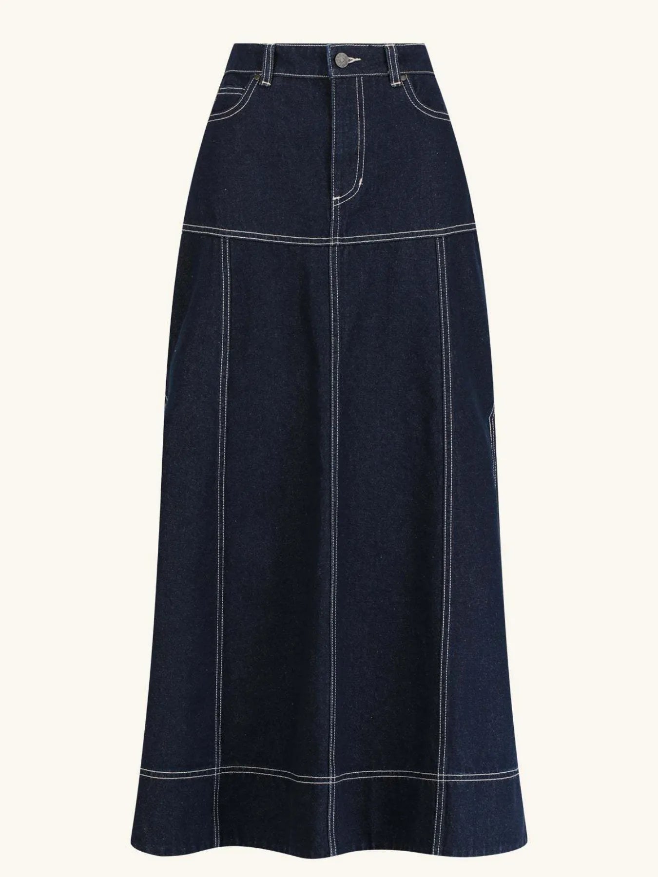 High-Waist Side Slit Contrast Stitch Denim Maxi Skirt OutfitFlow