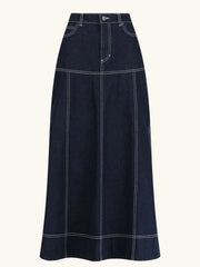 High-Waist Side Slit Contrast Stitch Denim Maxi Skirt OutfitFlow