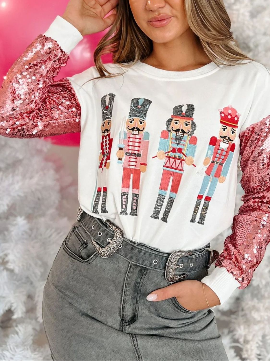 Outfit Flow - Sequin Nutcracker Round Neck Long Sleeve Sweatshirt