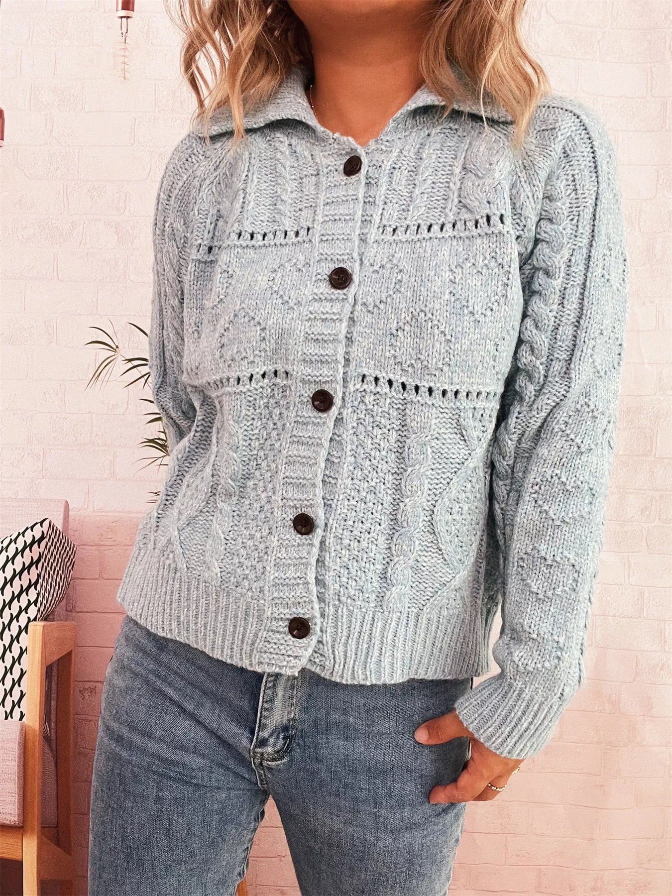 Openwork Cable Knit Button-Up Cardigan OutfitFlow