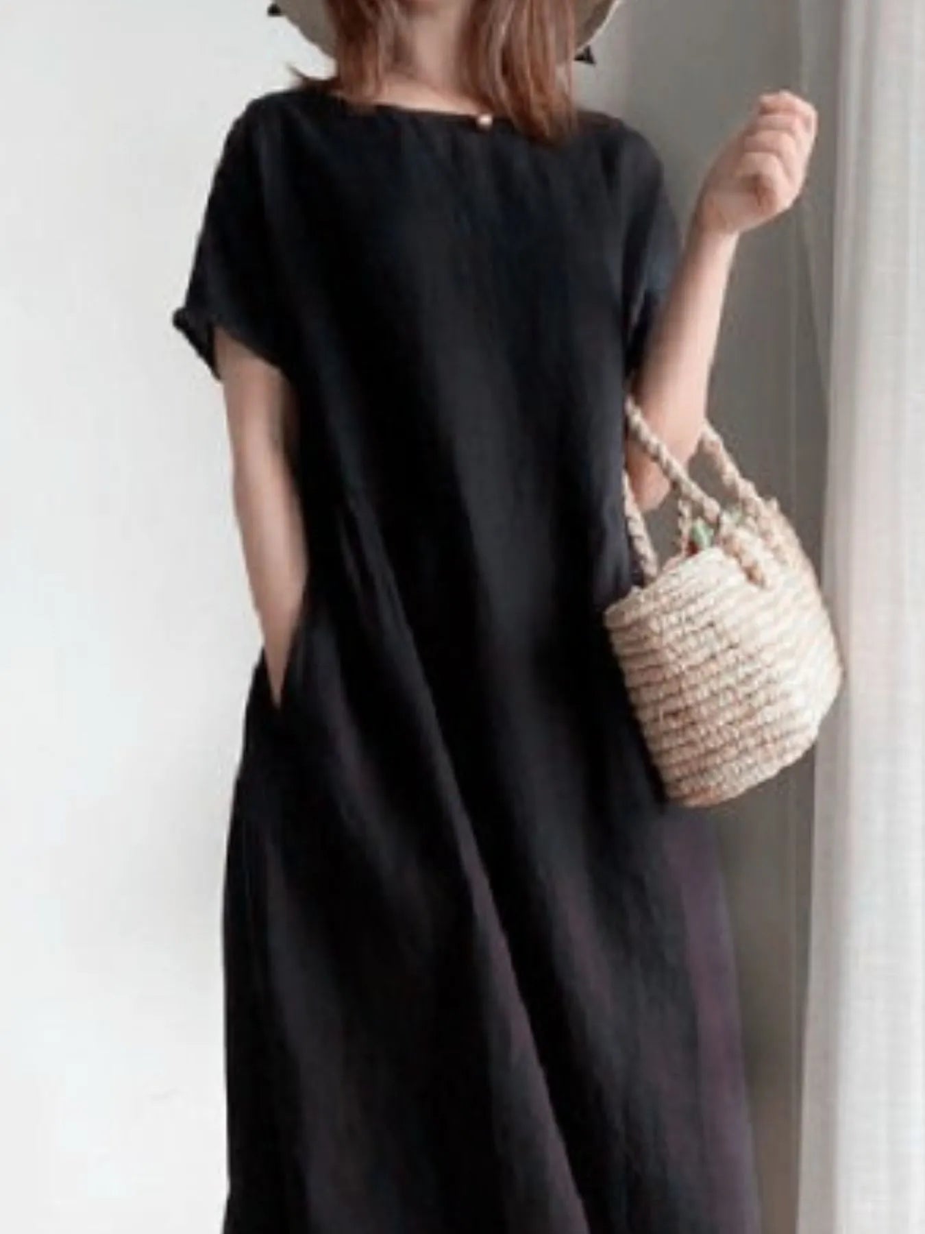 Full Size Casual Round Neck Midi Dress Plus Size OutfitFlow