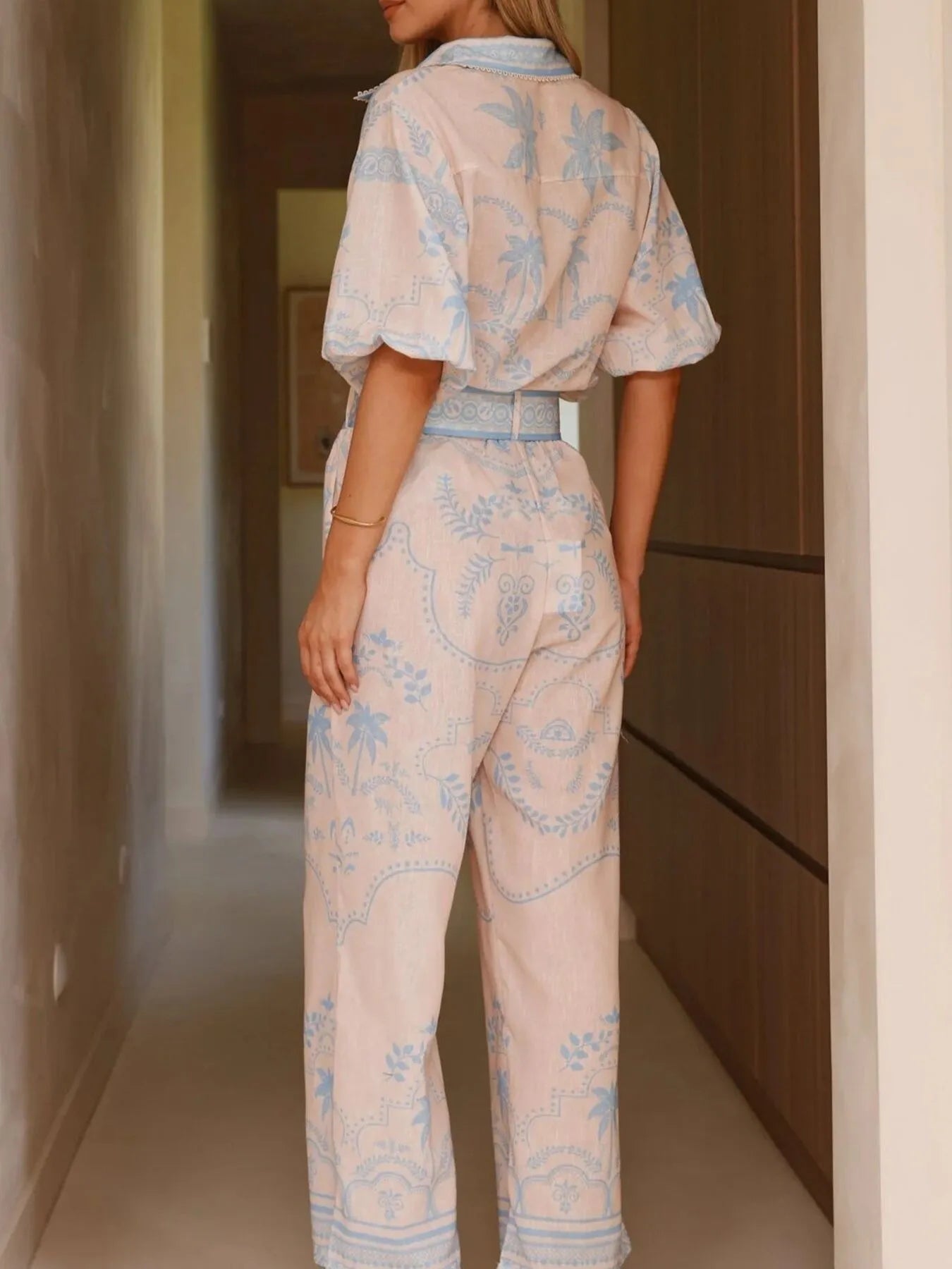Printed Button Up Shirt and Pants Set OutfitFlow