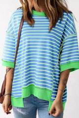 Stripe Oversized Contrast Trim Exposed Seam High Low T Shirt Sky Blue OutfitFlow