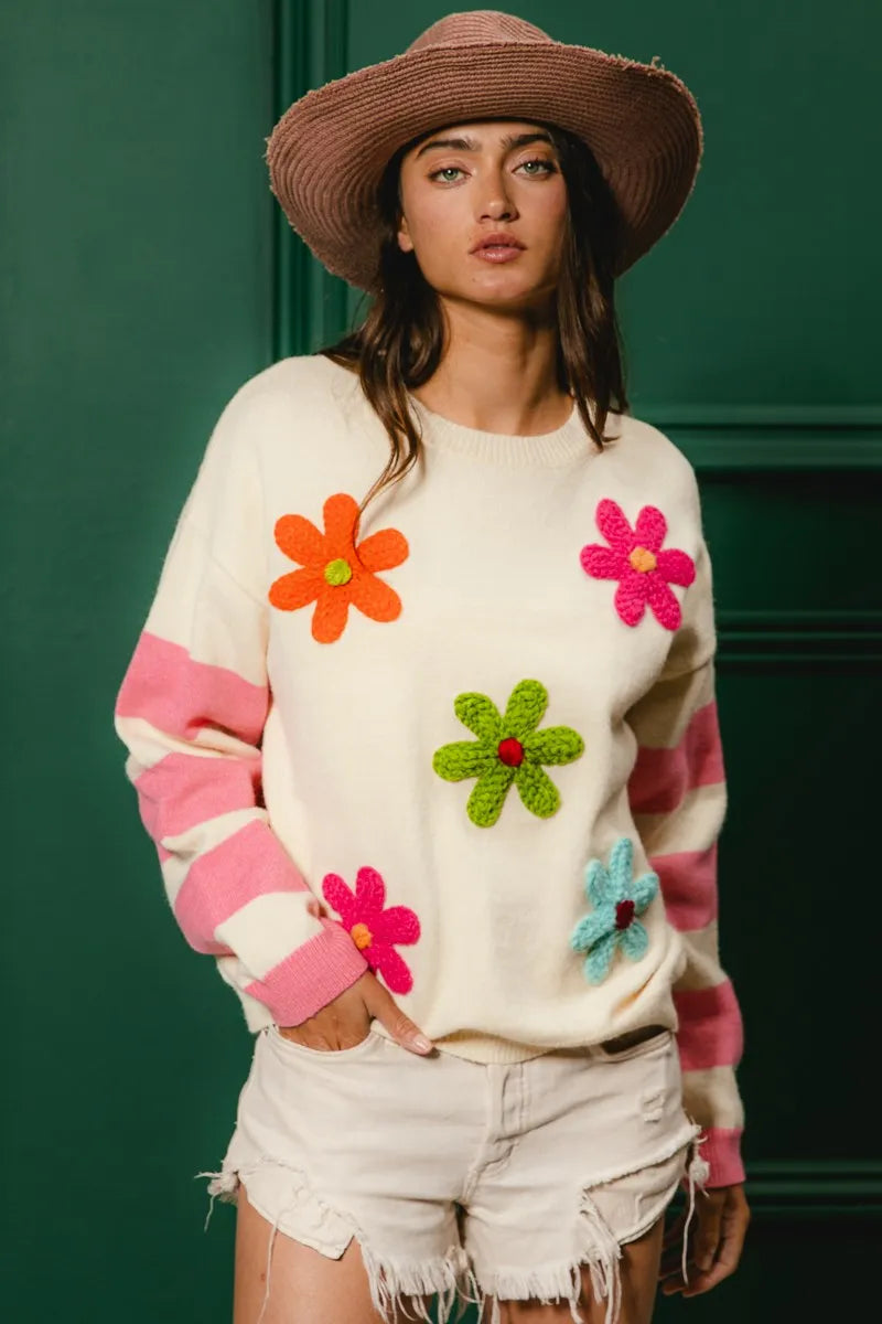 BiBi Colorful Floral Patched Sweater with Striped Sleeve OutfitFlow