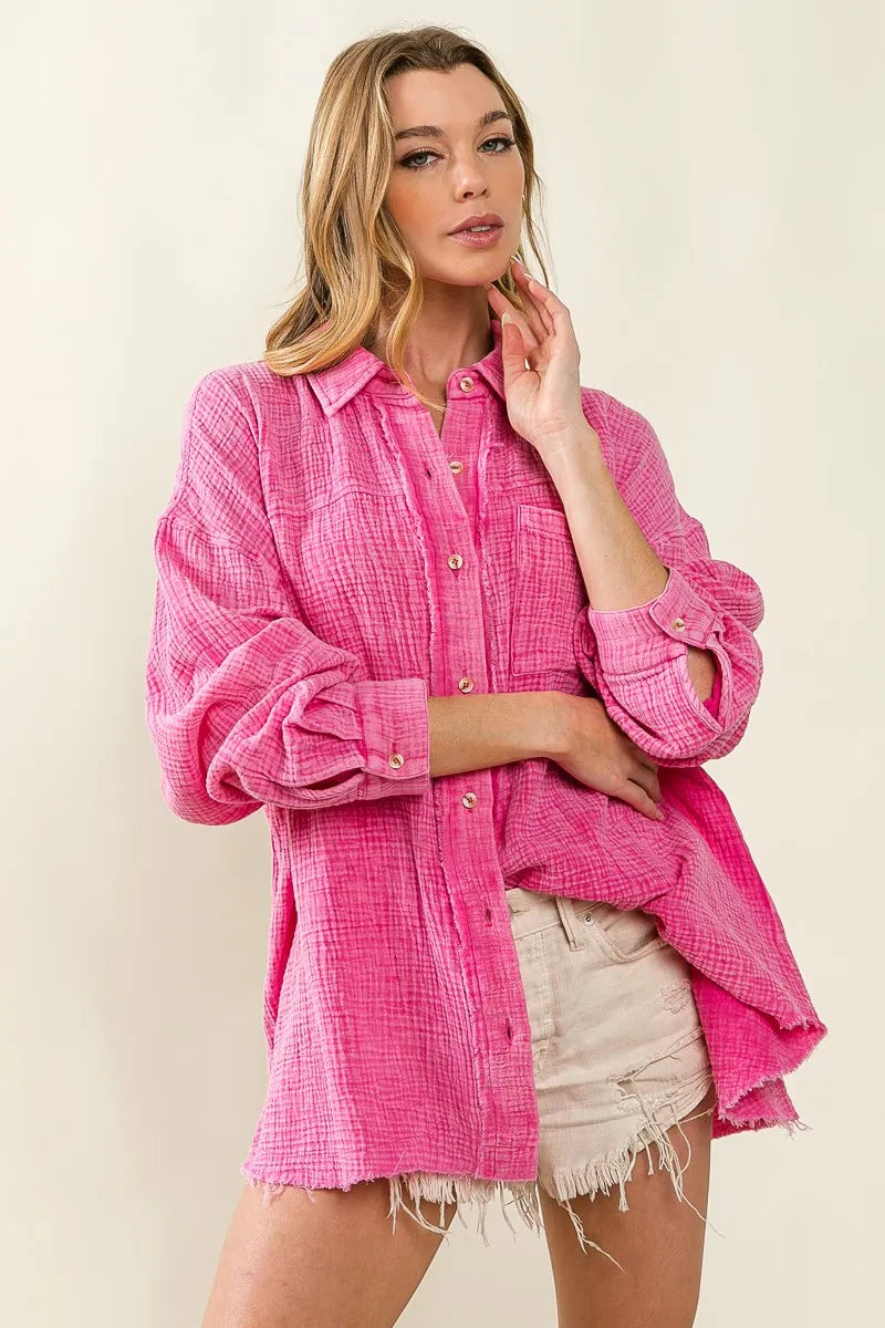 BiBi Raw Edge Detailed Mineral Washed Loose Fit Shirt OutfitFlow